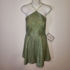 NWT B DARLIN Green Glitter Lined Skater Sleeveless Halter size 15/16 Junior